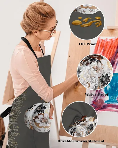 Vista 4 de Delantal con peto de otoño de Acción de Gracias con bolsillos, impermeable, delantal ajustable para hombres y mujeres, cosecha de calabaza, floral