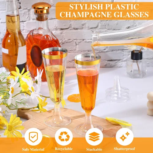 Vista 4 de Thenshop 50 copas de champán de plástico desechables a granel de 5.5 onzas, copas de cóctel de mimosa transparente con borde, vasos desmontables