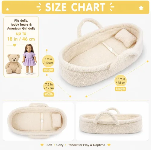 Vista 5 de June Garden Cozy Dream Doll Bassinet - Portador Portátil para Muñecas de Bebé - Se Adapta a Muñecas American Girl o Osos de Peluche de hasta 18