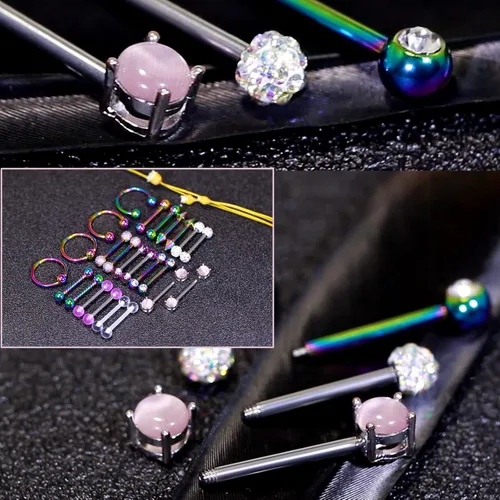Vista 6 de Oufksiyy 12 pares de anillos para pezón elegante circonita cúbica piercing para pezón de acero inoxidable 316L 14G lengüeta para pezón palo palo
