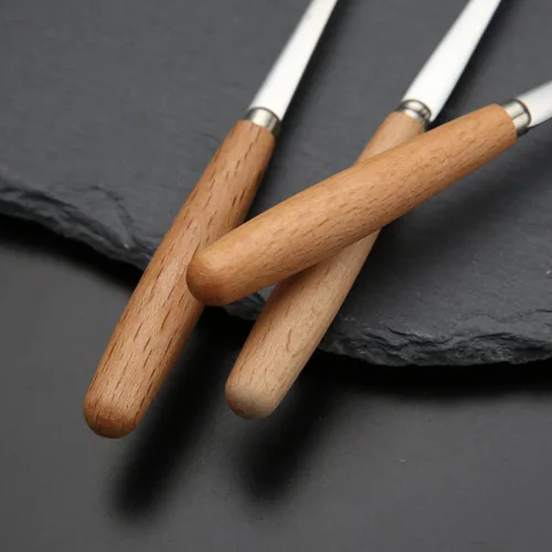 Vista 5 de 6 tenedores de acero inoxidable con mango de madera y dos puntas, horquillas para pastel de frutas