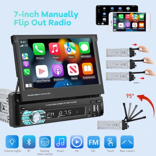 Vista 5 de Estéreo de coche con pantalla abatible Single Din con Carplay inalámbrico y Android Auto, pantalla táctil de 7 pulgadas, 1 Din, compatible