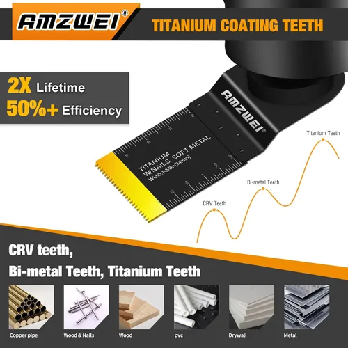 Vista 4 de AMZWEI 100 cuchillas oscilantes de titanio para herramientas, hojas de sierra profesionales de borde curvo, corte de metal, madera y plástico, 4