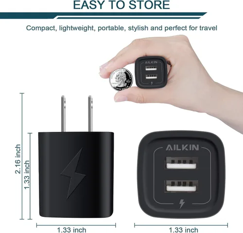 Vista 2 de Enchufe de cargador de pared, cubo de cargador USB, adaptador USB de 2 Negro