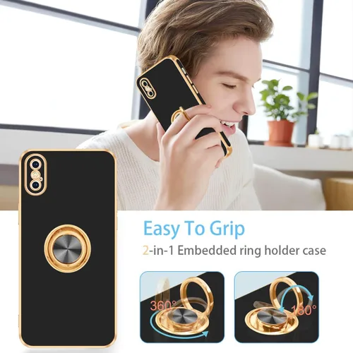 Vista 5 de Fingic Funda para iPhone X, iPhone Xs con soporte de anillo, soporte magnético giratorio de 360°, chapado en oro, borde dorado, delgada, suave, TPU