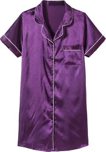 Vista 10 de Hupohoi - Vestido de pijama de satén para niñas, con botones, ropa de dormir sedosa, camisón de manga corta, camisa de noche, vestidos Negro