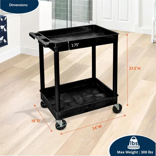 Vista 5 de Luxor Carro utilitario rodante de 2 estantes con ruedas resistentes - Negro