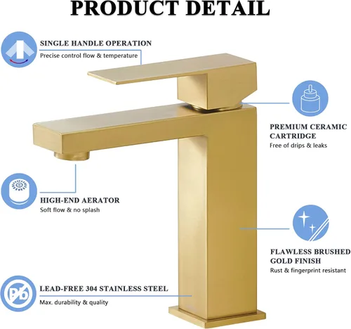 Vista 4 de Tohlar Grifo de baño dorado, grifo dorado cepillado para fregadero de baño, grifo de baño dorado de un solo agujero, moderno grifo de lavabo