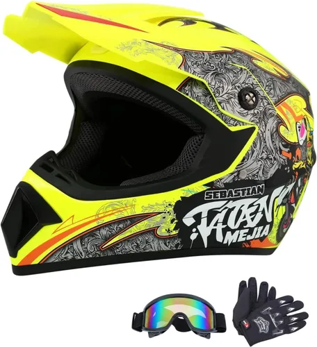 Vista 9 de Casco de motocross para ATV y moto de tierra, casco todoterreno con guantes y gafas para unisex, adulto, joven, aprobado por DOT/FMVSS 218