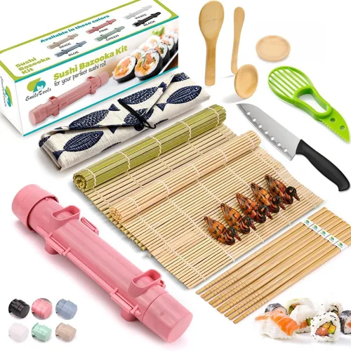 Vista 10 de Kit de fabricación de sushi SmileTools, juego de 22 piezas para principiantes con libro guía, bazuca, cuchillo, estera, cortador de aguacate