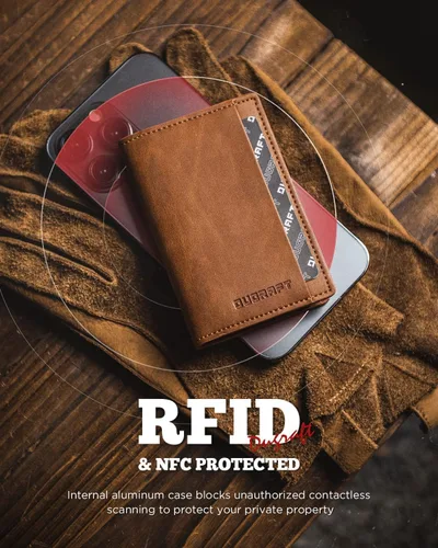 Vista 4 de DUGRAFT Titular de la tarjeta para hombre con aluminio POP UP tarjeta de crédito eyector RFID bloqueo, Marrón, Classic