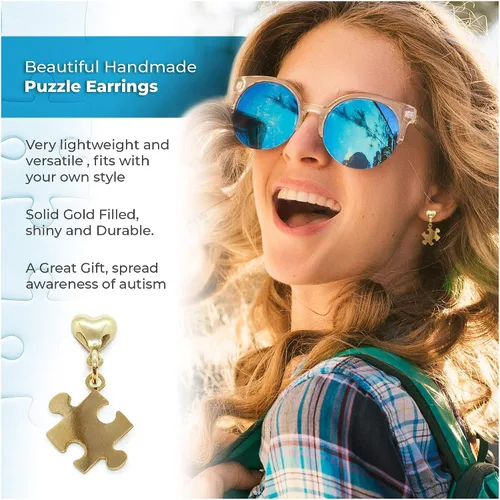 Vista 6 de Re-Do Bricks - Aretes chapados en oro para concientización sobre el autismo, gran regalo, hermoso colgante colgante, hecho a mano en Estados Unidos.