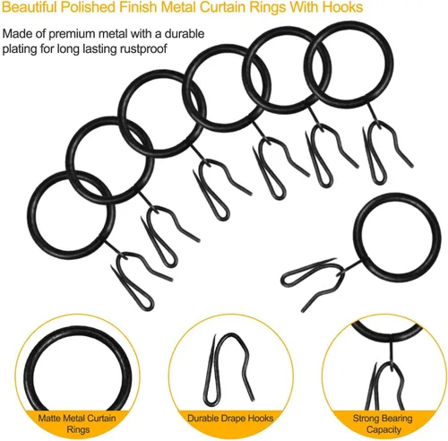 Vista 4 de 40 piezas de anillos y ganchos de cortina de metal, 30 mm de diámetro interno, negro