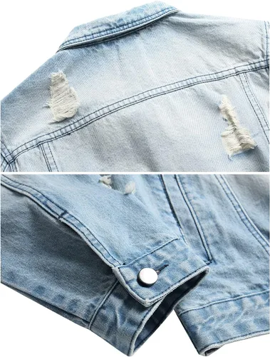 Vista 6 de RANMCC Chaqueta de mezclilla para hombre, chaqueta vaquera rasgada ajustada