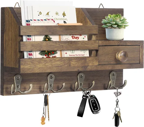Vista 12 de Soporte para llaves de pared, organizador de correo adhesivo de madera y llaves con cajón, estante pequeño, 8 ganchos, 2 métodos de instalación