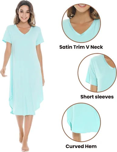 Vista 4 de NACHILA Bamboo Viscose Nightgowns for Women Cooling Short Sleeve Sleepshirt A-aqua Green