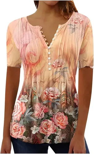 Vista 5 de Ceboyel Camisetas gráficas con estampado floral y mariposa para mujer, linda camisa de verano de manga corta, blusa de vestir casual para mujer