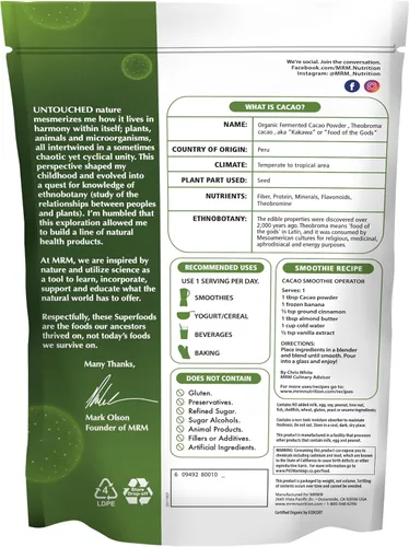 Vista 2 de MRM Nutrition Polvo de cacao fermentado orgánico – Superalimento en polvo de granos de cacao peruanos, ricos en antioxidantes, flavonoides, sin