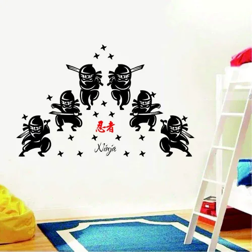 Vista 8 de Calcomanías de pared de ninja y samurái, siluetas de guerrero japonés con espadas, calcomanías de PVC extraíbles para habitación de niños, sala