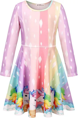 Vista 3 de LaBeca - Vestido sin mangas o de manga larga para niñas, vestidos informales con diseño de unicornio o sirena para niñas pequeñas o grandes