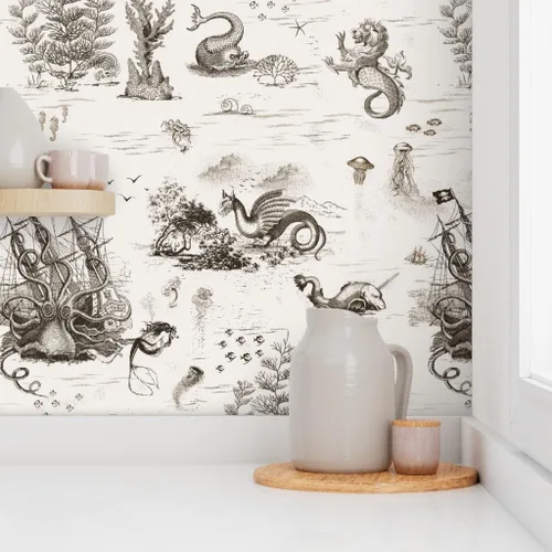Vista 8 de Spoonflower Papel tapiz para despegar y pegar, diseño vintage de dragón, océano, pulpo, sepia, toile, sirena, steampunk, papel tapiz extraíble