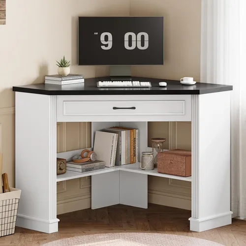 Vista 13 de SEDETA Farmhouse Corner Desk for Small Space, White Small Computer Desk Black and Brown