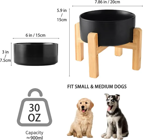 Vista 3 de Cuenco elevado de cerámica de 6 pulgadas para perros – Tazón de comida y agua para perros de 30 onzas con soporte elevado de bambú antideslizante