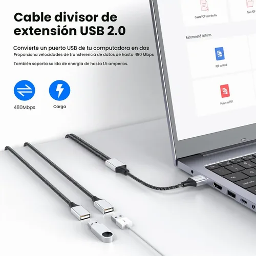 Vista 3 de MOGOOD Divisor USB A, cable USB macho a 2 hembra en Y, cable de extensión Plateado