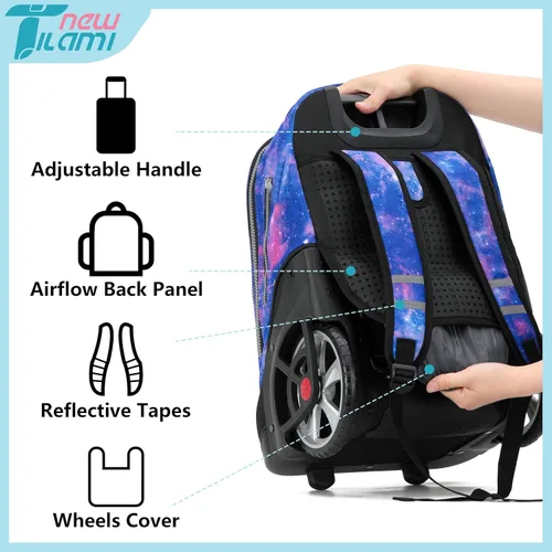Vista 94 de NEW TILAMI Mochila con ruedas de 19 pulgadas con bolsa de almuerzo para niñas y niños, mochila para laptop con ruedas, bolsa de mano duradera