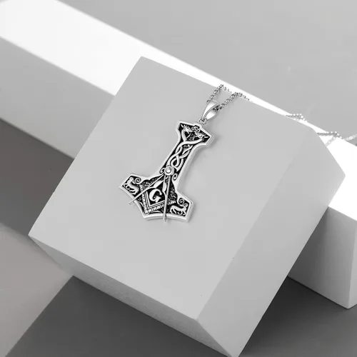Vista 4 de MEIDERBO Collar de plata de ley 925 masónicovikingomartillo de Thor para hombre, colgante de cruz de Mjolnir masón, regalo de joyería para hombres