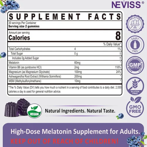 Vista 2 de Gomitas de melatonina con antioxidantes y apoyo cerebral 60 mg 30 mg para adultos mayores de 50 años Alta dosis de melatonina