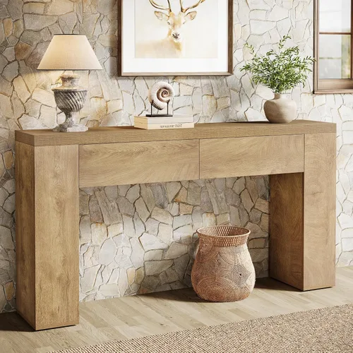 Vista 10 de Tribesigns Mesa consola de madera de 63 pulgadas con 2 cajones ocultos, mesa de sofá marrón rústico de granja para sala de estar, pasillo, entrada