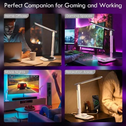 Vista 8 de WILIT Lámpara de escritorio para dormitorio universitario, luz de escritorio RGB para juegos con carga inalámbrica y puerto USB, lámpara de jugador
