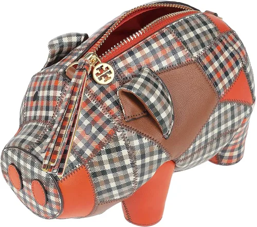 Vista 2 de Tory Burch Mini bolsa de retazos de cuadros multicolor azul marino Peggy The Pig, Multicolor a cuadros