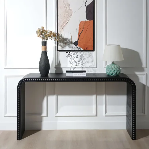 Vista 8 de Mesa consola blanca moderna de 59 pulgadas con cuentas de madera, mesa de entrada de madera rústica con estilo cascada curva, mesa de sofá de granja