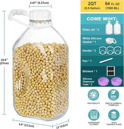 Vista 3 de Paquete de 2 botellas de leche de vidrio resistente de 64 onzas con 1 boquilla de silicona y 3 tapas de rosca herméticas reutilizables, botella