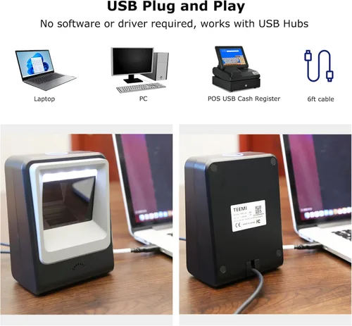 Vista 4 de TEEMI TMSL-60 - Escáner de código de barras 1D/2D, escritorio manos libres USB, color negro Cable USB, omnidireccional, captura de pantalla