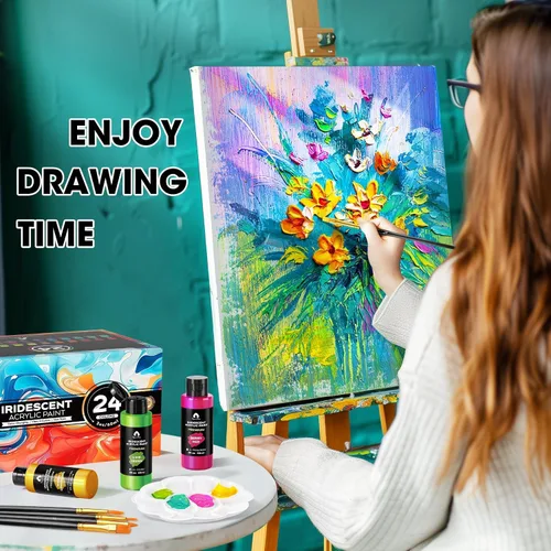 Vista 7 de Juego de pintura acrílica iridiscente de 40 piezas con 12 pinceles, 2 cuchillos y paleta, 24 colores (2 onzas/60 ml) - para adultos, artistas