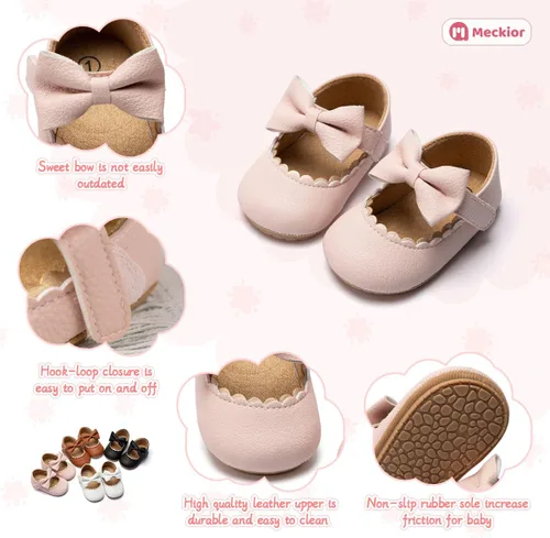 Vista 5 de Meckior Zapatos deportivos para bebé y niñas, suela suave, con lazo, princesa, vestido de boda, Mary Jane, planos, para recién nacidos, ligeros