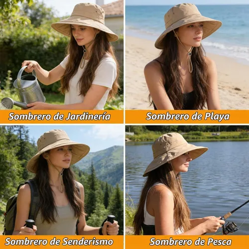 Vista 7 de Sombrero de ala ancha impermeable UPF 50+ para mujer con agujero para cola Camello