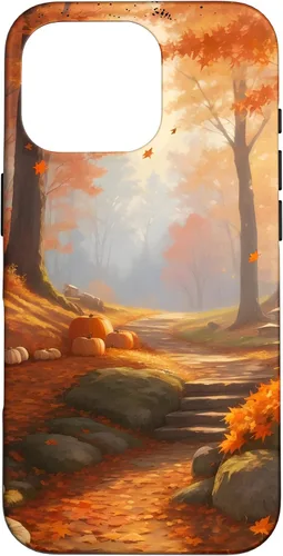 Vista 20 de iPhone 13 Pro Max Idílica escena del bosque de otoño, hojas de otoño, funda de calabazas