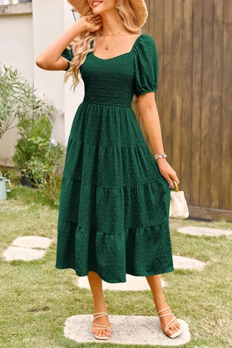Vista 5 de PRETTYGARDEN Vestido midi casual de verano para mujer, manga abombada, lunares suizos, vestidos largos acampanados