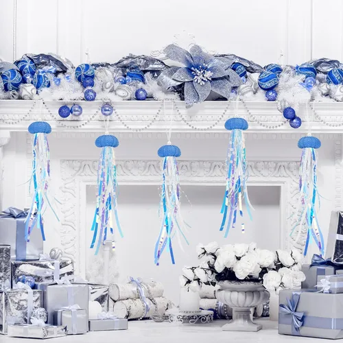 Vista 7 de Adornos de Navidad de Medusas Colgantes 4 Piezas para Adornos de Árbol de Navidad, Fiesta Temática de Sirena y Decoraciones de Fiesta Bajo el Mar