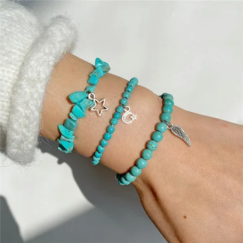 Vista 7 de Juego de 3 pulseras de cuentas de piedra natural para mujeres y hombres, estrellas y luna, alas de ángel, juego de pulseras curativas de reiki