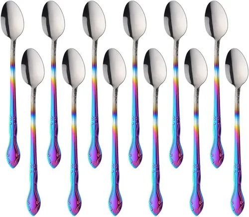 Vista 35 de Cucharas de sopa, cucharas redondas de acero inoxidable para caldo con borde de flor, juego de 12 piezas de acero inoxidable para café, azúcar