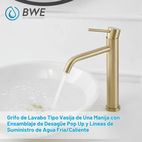 Vista 2 de BWE Grifo de fregadero de oro cepillado, acero inoxidable resistente al
