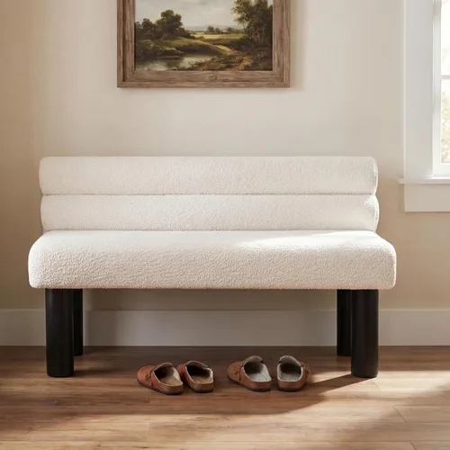 Vista 3 de GDFStudio Banco tapizado de bouclé con respaldo para comedor, banco de entrada estilo granja con patas de madera de goma, banco largo para Beige