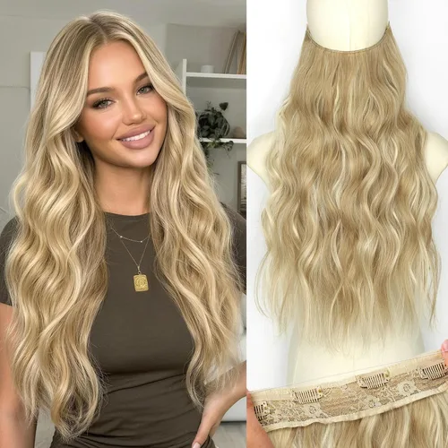 Vista 53 de KooKaStyle Extensiones de cabello de alambre invisible con diadema transparente, tamaño ajustable, 4 clips de seguridad, largo, ondulado, alambre