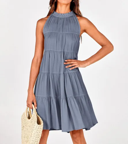 Vista 5 de Okiwam - Vestido de verano para mujer sin mangas y con cuello halter, vestido estilo bohemio vaporoso y plisado, minivestido de cóctel holgado