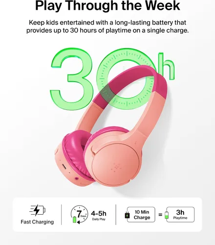 Vista 3 de Belkin SoundForm Mini con estuche - Auriculares inalámbricos Bluetooth para niños con vida útil de batería de 30H, límite de volumen seguro de 85dB